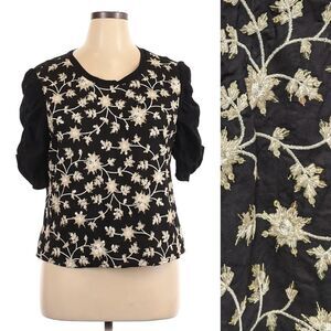 Anthropologie ISLA MAUDE Embroidered Sequin Floral Ruched Sleeve Top XL